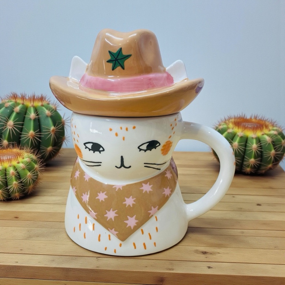 WORLD MARKET Cowboy Cat Mug with Bandana detail and hat lid